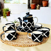 Hand Painted Black Moroccan Tea Set With Kettle - Ceramic Tea Kettle Set With 4 Cups, 150ml Each + 1 Kettle, 700ml + 1 Tray | 6 Pieces - Microwave Safe & Dishwasher Safe