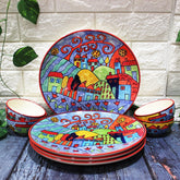 Exotic Panorama Hand Painted Ceramic Dinner Set - 8 Pieces, Multicolor | 4 Dinner Plates + 4 Katori Bowls, 180ml Each Dinnerware Set | Serving For 4, Microwave Safe & Dishwasher Safe