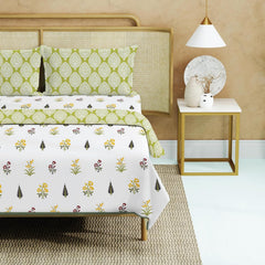 Bedding Set Blanket With 1 Cotton Double Bedsheet - 2 Pillow Covers | 88 X 100 Inches, White & Green - Breathable, Lightweight, Reversible, Skin Friendly, Wrinkle Resistant