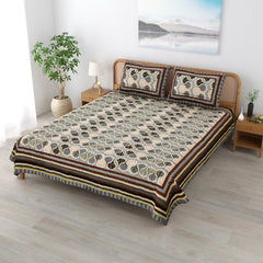 Traditional Rajasthani Cotton Bedsheet For King Size With 2 Matching Pillow Cover | 90 X 108 Inches, Beige & Brown | Soft & Comfortable Fabric