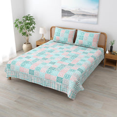 Sanskriti Bedsheet For Double Bed King Size With 2 Pillow Cover - 90 X 108 Inches, Green & Pink | Soft, Durable & Stylish | Breathable & Skin-Friendly