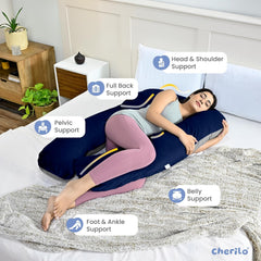 U Shaped Pregnancy Pillow For Pregnant Women & Nursing Mom, Grey & Navy Blue | Full Body Support, Single Pillow For Multipurpose Use, During Maternity | Premium Velvet Outer Cover With Zip