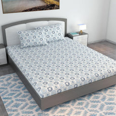 100% Cotton Double Bedsheet For King Size With 2 Pillow Covers | 108 X 108 Inches, White & Blue - Perfect For Home, Guest House, Hotel | Soft, Breathable & Comfortable