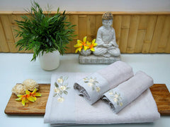 100% Bamboo Embroidery Bath, Hand & Face Towel Set 900 Gsm (Grey) - 3 Pcs