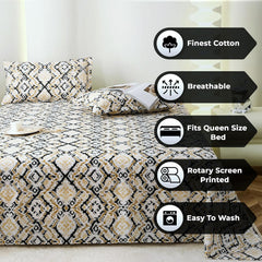 Bedsheet For Double Bed Cotton With 2 Pillow Covers, Grey & Beige - Queen Size 88 X 100 Inches | 190 Thread Count - Ideal For Festive Occasions