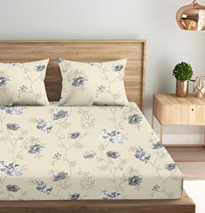 King Size Fitted Bedsheet With 2 Large Pillow Covers - 108 X 108 Inches, Cream & Grey | Soft, Breathable & Durable | Wrinkle Resistant