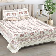 Jaipuri Cotton Double Bedsheet For Queen Size With 2 Pillow Cover (95 X 108 Inches) White & Red | Premium Cotton Material - Ideal For House, Hotel, Guest House