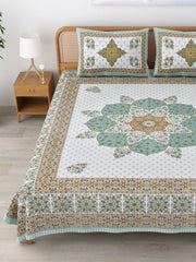 Sanskriti Bedsheet For Double Bed King Size With 2 Pillow Cover - 90 X 108 Inches, Teal & White | Soft, Durable & Stylish | Breathable & Skin-Friendly