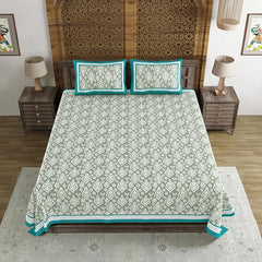 Hand Block Printed Cotton King Size Bedsheet With 2 Pillow Covers, 106 X 106 Inches, Teal Green | Good For Villas, Guest Houses, & Daily Home Use