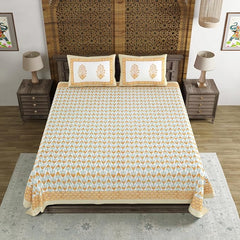 Traditional Hand Block Printed Cotton King Size Bedsheet With 2 Pillow Covers, 90 X 108 Inches, White | 200 Thread Count-Vibrant Bedding For Stylish Bedrooms