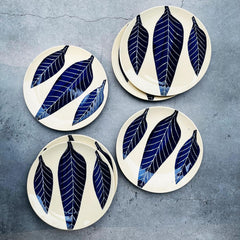 Patram Hand Painted Ceramic Quarter Plates Set Of 6 - White & Blue | Small Side Plates For Dinner & Snacks - 7 Inch, 6 Pieces, Microwave Safe