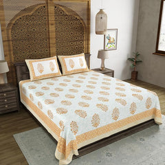 Traditional Hand Block Printed Cotton King Size Bedsheet With 2 Pillow Covers, 90 X 108 Inches, White | 200 Thread Count-Vibrant Bedding For Stylish Bedrooms