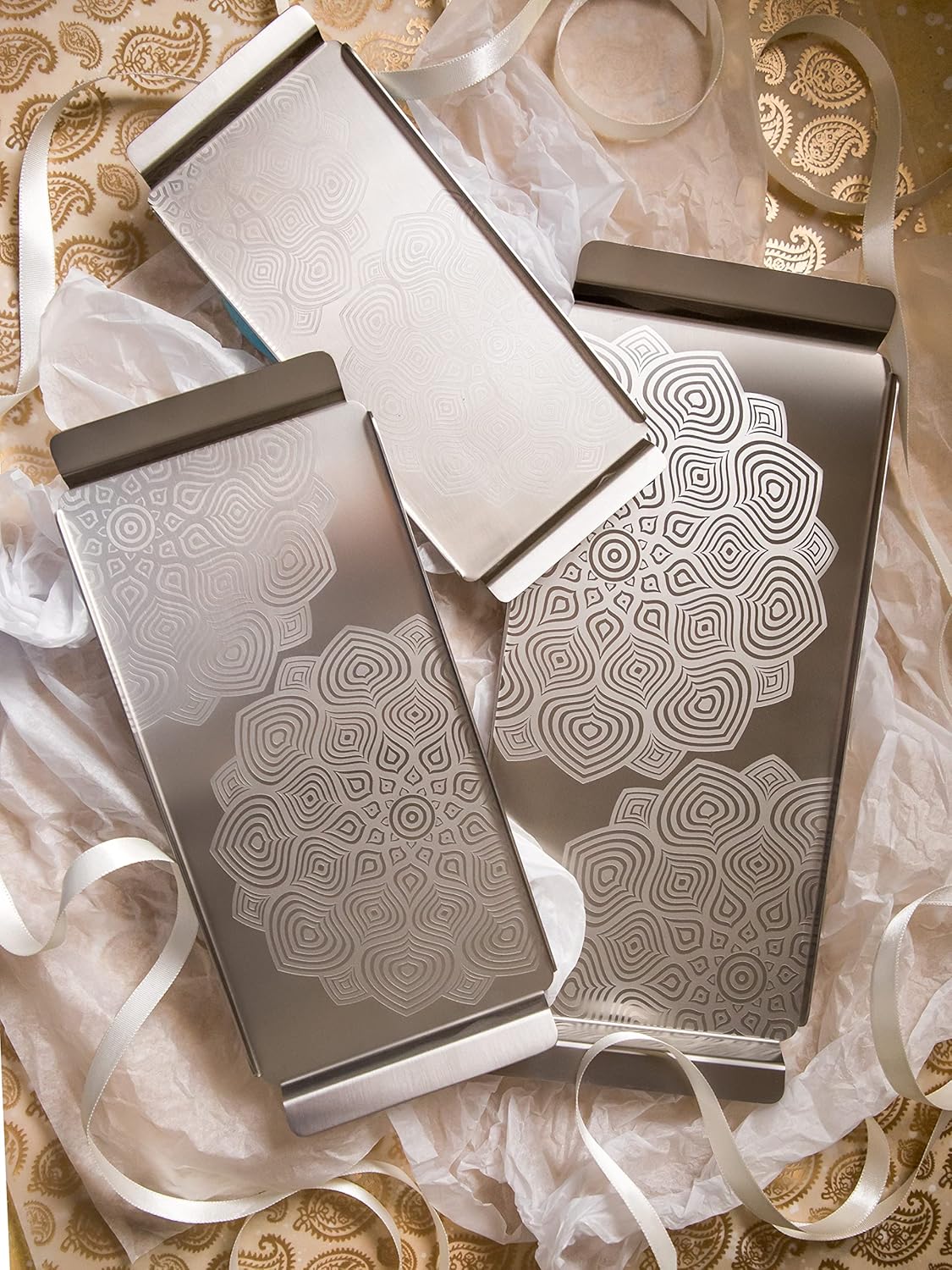 Designer Chrome Stainless Steel Tray, Small - Lotus Pattern, Luxury Gift Collection | Multipurpose Serving Platter - Premium Serve Ware, Dinnerware & Tableware | Padma Shvet Series Designer Chrome Stainless Steel Tray, Small - Lotus Pattern, Luxury Gift Collection | Multipurpose Serving Platter - Premium Serve Ware, Dinnerware & Tableware | Padma Shvet Series