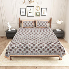 Pure Cotton King Size Bedsheet 2 Matching Pillow Covers | 100x108 Inches, Brown & Orange | Traditional Jaipuri Printed Bedsheet | Ideal Wedding Gift, Housewarming, Special Occasion Surprise