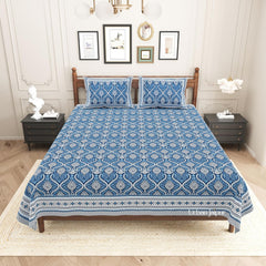 Jaipuri Bedsheet For Double Bed With 2 Pillow Covers - 90 X 108 Inches, Dark Blue | Pure Cotton Bedsheet King Size Bed | Soft & Breathable Fabric