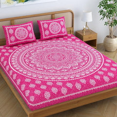 Printed Jaipuri Bedsheet For Double Bed With 2 Pillow Covers - 83 X 94 Inches, Pink | Long Lasting & Soft 120 Thread Count Bedsheet