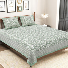 Pure Cotton King Size Bedsheet 2 Matching Pillow Covers | 100x108 Inches, White & Green | Traditional Jaipuri Printed Bedsheet | Ideal Wedding Gift, Housewarming, Special Occasion Surprise