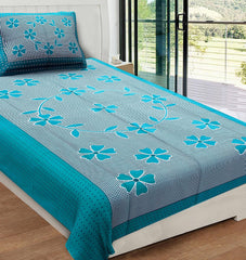 Traditional Jaipuri Single Bedsheet With 1 Pillow Cover - 56 X 86 Inches, Rama Green | Good Gifting Idea For Diwali | Skin Friendly Fabric With Vibrant Colors