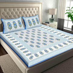 Pure 100% Cotton Double Bed Sheet With 2 Pillow Covers - 90 X 100 Inches, Blue & White | Beautifully Handcrafted Jaipuri Bedsheets - Skin Friendly Fabric
