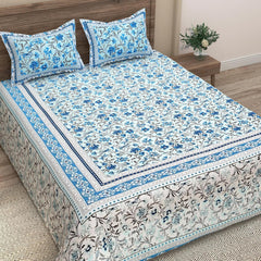 Traditional Rajasthani Design Bedsheet With 2 Pillow Covers - 90 X 108 Inches, Aqua & White | Color Fade Resistant & Shrinkage Resistant For All-Season Use