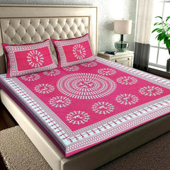 Printed Double Bedsheets For King Size With Tow Matching Pillow Covers - 90 X 100 Inches, Pink & White | Comfort Jaipuri Collection Bedsheet - Suitable For All Seasons