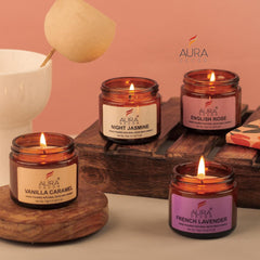 ENGLISH ROSE,VANILLA CARAMEL, NIGHT JASMINE,FRENCH LAVENDER JAR CANDLES SET OF 4