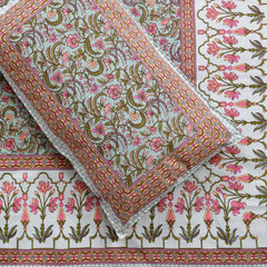 Jaipuri Cotton Double Bedsheet For Queen Size With 2 Pillow Cover (90 X 108 Inches) Green & Pink | Premium Cotton Material - Ideal For House, Hotel, Guest House