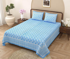 Jaipuri Bedsheets For Double Bed King Size With 2 Pillow Covers - 90 X 108 Inches, Light Blue | Soft & Durable For Everyday Use & Bedroom - All Season Comfort