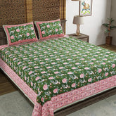 Traditional Hand Block Printed Cotton King Size Bedsheet With 2 Pillow Covers, 104 X 104 Inches, Green | 200 Thread Count-Vibrant Bedding For Stylish Bedrooms