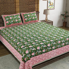 Traditional Hand Block Printed Cotton King Size Bedsheet With 2 Pillow Covers, 104 X 104 Inches, Green | 200 Thread Count-Vibrant Bedding For Stylish Bedrooms