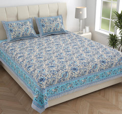 Pure Cotton Double Bedsheet For King Size With 2 Pillow Covers | 90 X 108 Inches, Cream & Sky Blue | Ultra-Soft & Skin-Safe | Breathable Summer Comfort