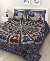 Jaipuri Traditional Queen Size Double Bedsheet With 2 King Size Pillow Covers - 84 X 93 Inches, Blue & Brown | Unique Design & Color Combination Perfectly Suits To Your Bedroom