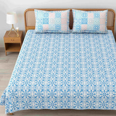Sanskriti Bedsheet For Double Bed King Size With 2 Pillow Cover - 90 X 108 Inches, Sky Blue & White | Soft, Durable & Stylish | Breathable & Skin-Friendly