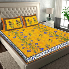 Printed Double Bedsheets For King Size With 2 Pillow Covers - 90 X 100 Inches, Yellow & Blue | Comfort Jaipuri Collection Bedsheet