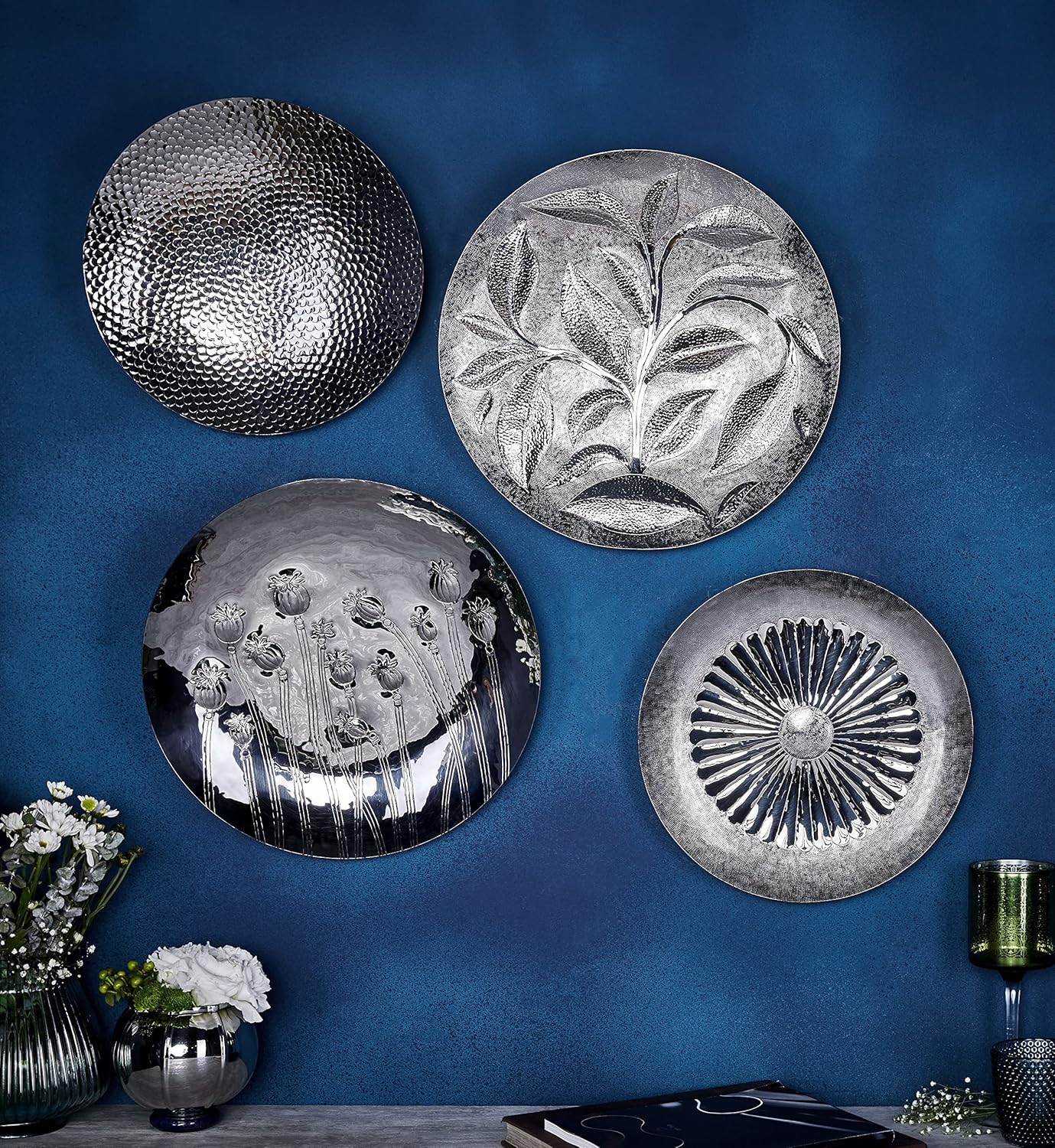 Designer Silver Stainless Steel Round Platters - Hammering Series | Flower Pattern Platters - Serving Tray For Food Dessert Fruit Coffee Tea | Serve Ware, Dinnerware & Tableware Designer Silver Stainless Steel Round Platters - Hammering Series | Flower Pattern Platters - Serving Tray For Food Dessert Fruit Coffee Tea | Serve Ware, Dinnerware & Tableware
