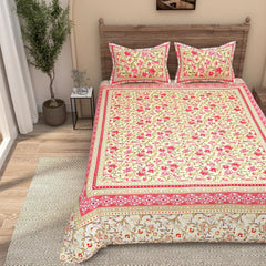 Traditional Rajasthani Design Bedsheet With 2 Pillow Covers - 90 X 108 Inches, Yellow & Pink | Color Fade Resistant & Shrinkage Resistant For All-Season Use