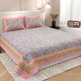 1 Queen Size Bedsheet For Double Bed With 2 Pillow Covers (90 X 108 Inches) Sky Blue & Pink | Beautiful Printed Designs - Breathable 100% Cotton Bedsheet Comfortable