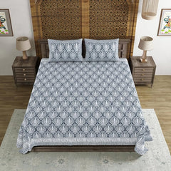Traditional Hand Block Printed Cotton King Size Bedsheet With 2 Pillow Covers, 104 X 104 Inches, Blue | 200 Thread Count-Vibrant Bedding For Stylish Bedrooms