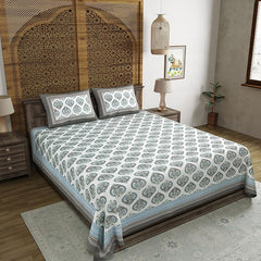 Hand Block Printed Cotton King Size Bedsheet With 2 Pillow Covers, 90 X 108 Inches, White | Good For Villas, Guest Houses, & Daily Home Use