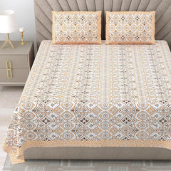 Bedsheet For Queen Bed With 2 Pillow Covers - 90 X 108 Inches, Orange & White | Pure Cotton Traditional Jaipuri Printed | Ideal For Both Everyday Use & Special Events