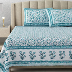 King Size Double Bedsheet With 2 Matching Pillow Covers Set | 90 X 108 Inches, White & Blue - Designer Printed Bedsheet Set | Perfectly Styled & Coordinated Look Bedsheet