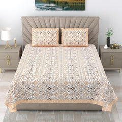 Bedsheet For Queen Bed With 2 Pillow Covers - 90 X 108 Inches, Orange & White | Pure Cotton Traditional Jaipuri Printed | Ideal For Both Everyday Use & Special Events