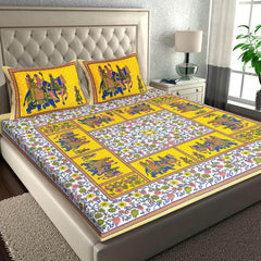 Rajasthani Jaipuri Bedsheets For Double Bed King Size With 2 Pillow Cover - 90 X 100 Inches, Yellow | Skin Friendly Fabric With Vibrant Colors