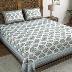 Hand Block Printed Cotton King Size Bedsheet With 2 Pillow Covers, 90 X 108 Inches, White | Good For Villas, Guest Houses, & Daily Home Use