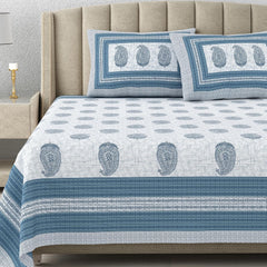 Cotton King Size Bedsheet With 2 Matching Pillow Covers - 90 X 108 Inches, Blue & Grey | Designer Printed Bedsheet Set - Naturally Soft, Breathable, & Skin-Friendly