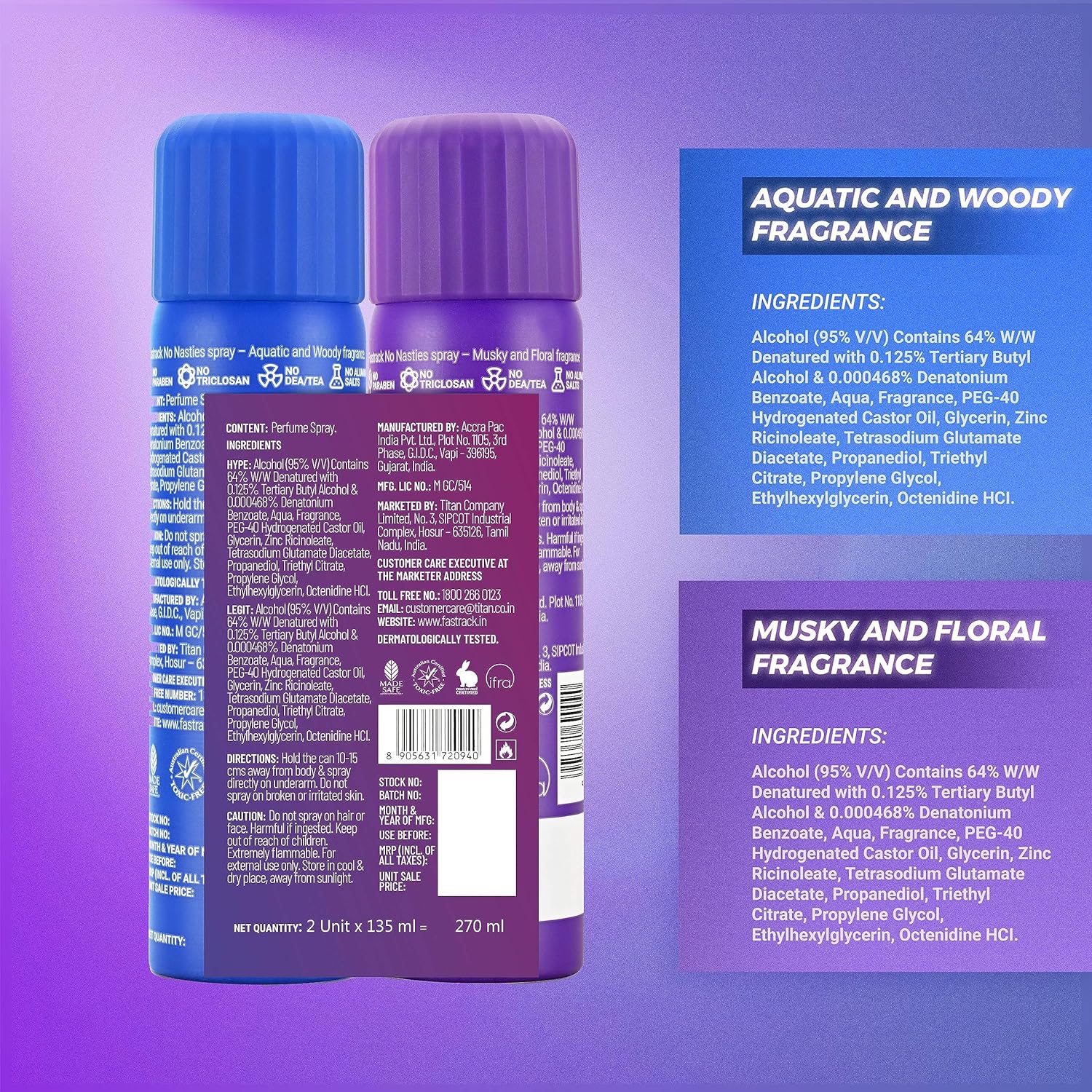 Fastrack No Nasties Hype + Legit Deodorant Perfume Spray 135ml 4.5 Fl.oz. Each Pack Of 2 | Unisex Fragrance Fastrack No Nasties Hype + Legit Deodorant Perfume Spray 135ml 4.5 Fl.oz. Each Pack Of 2 | Unisex Fragrance