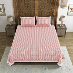 Hand Block Printed Cotton King Size Bedsheet With 2 Pillow Covers, 106 X 106 Inches, Pink | Good For Villas, Guest Houses, & Daily Home Use
