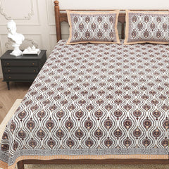 Pure Cotton King Size Bedsheet 2 Matching Pillow Covers | 100x108 Inches, Brown & Orange | Traditional Jaipuri Printed Bedsheet | Ideal Wedding Gift, Housewarming, Special Occasion Surprise