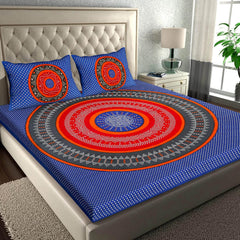 Pure 100% Cotton Double Bed Sheet With 2 Pillow Covers - 90 X 100 Inches, Blue & Red | Beautifully Handcrafted Jaipuri Bedsheets - Skin Friendly Fabric