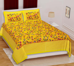 Printed Double Bedsheets For King Size With 2 Pillow Covers - 90 X 100 Inches, Yellow & Red | Comfort Jaipuri Collection Bedsheet